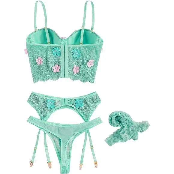 WDIRARA Women's Floral Lace Embroidered Push Up Garter Lingerie Set
